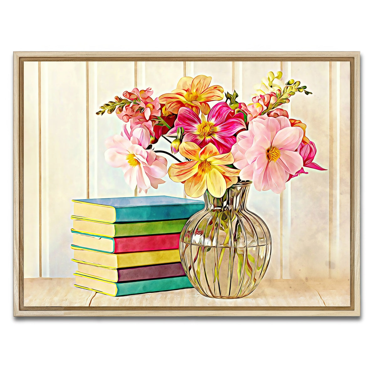 AUTO-MOCKUP WHITE | dahlias and colorful books | 1 Piece | Natural Framed Canvas | group=4x3