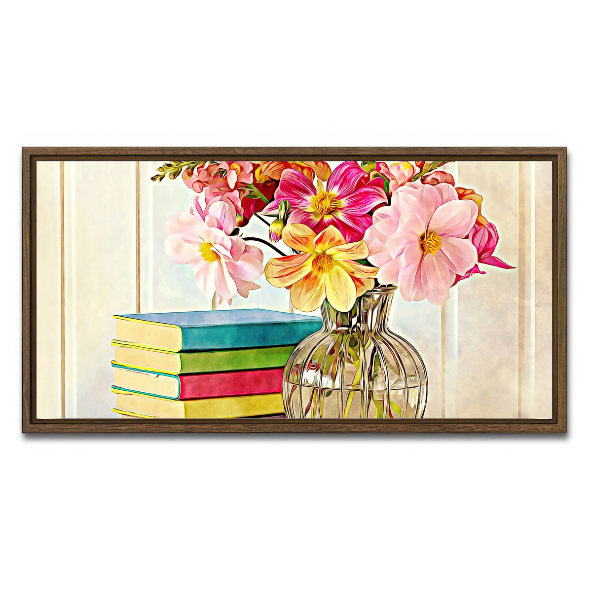 AUTO-MOCKUP WHITE | dahlias and colorful books | 1 Piece | Walnut Framed Canvas | group=2x1