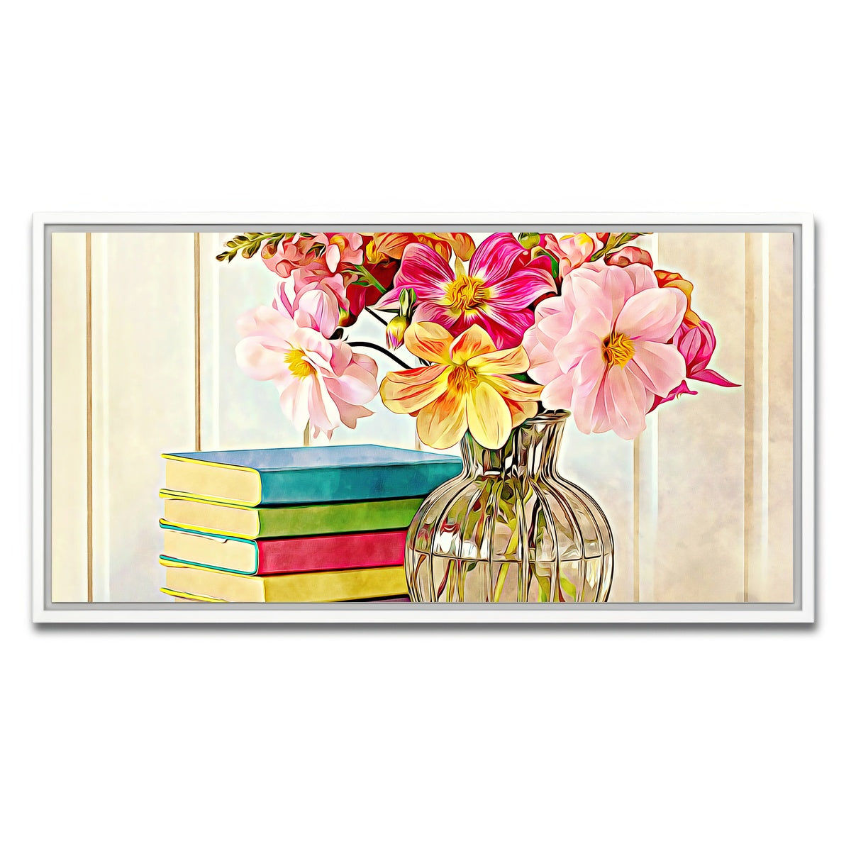 AUTO-MOCKUP WHITE | dahlias and colorful books | 1 Piece | White Framed Canvas | group=2x1