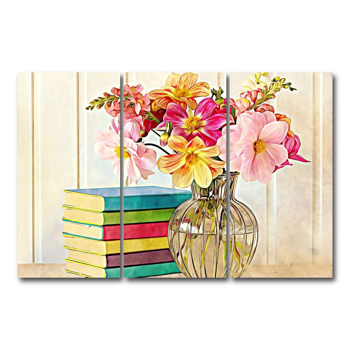 AUTO-MOCKUP WHITE | dahlias and colorful books | 3 Piece | Gallery Wrap Canvas | group=12x24