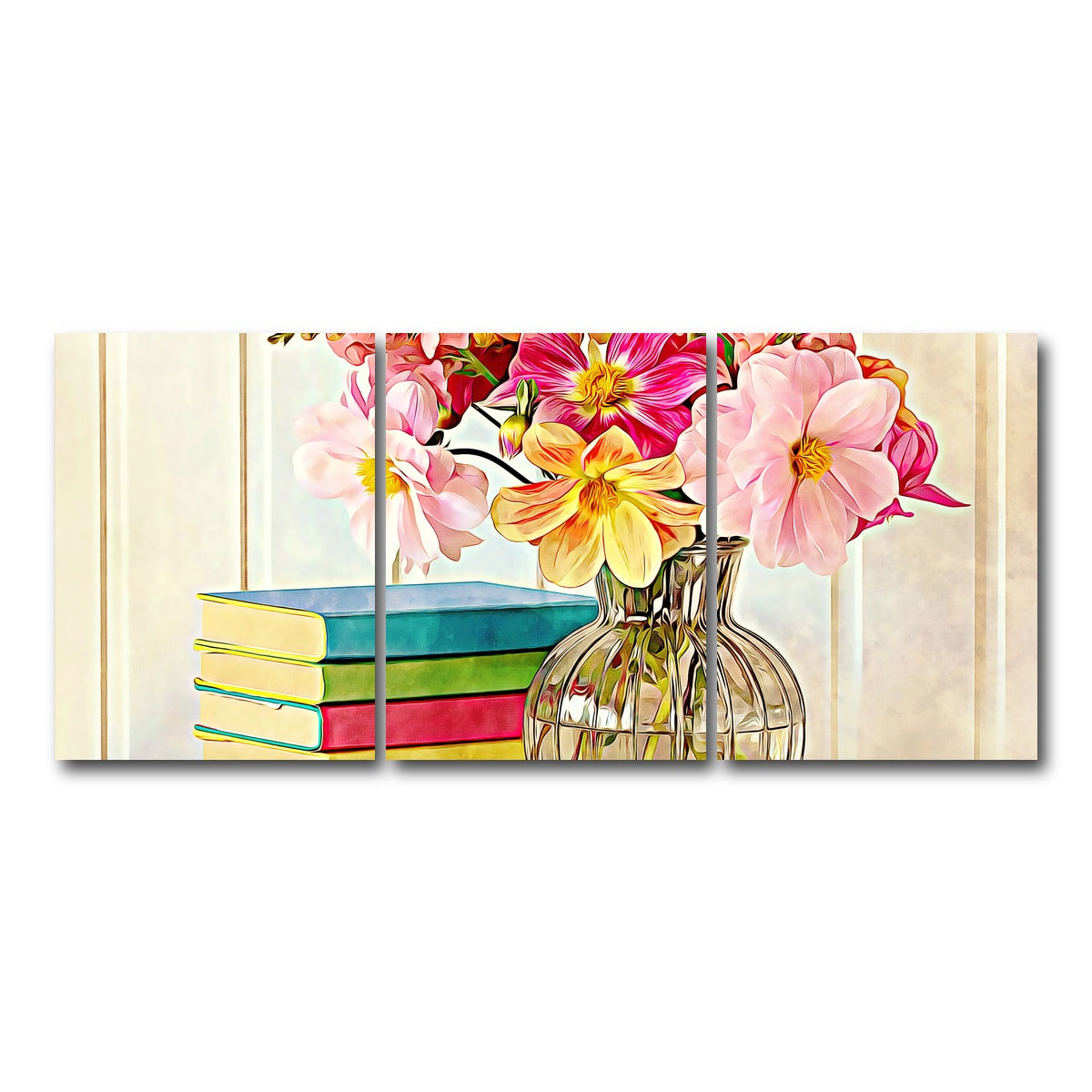 AUTO-MOCKUP WHITE | dahlias and colorful books | 3 Piece | Gallery Wrap Canvas | group=18x24