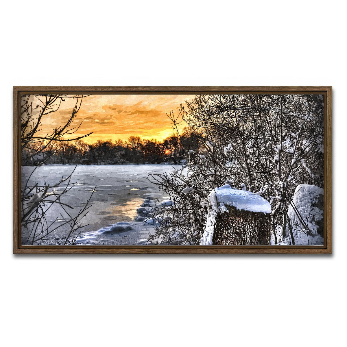 AUTO-MOCKUP WHITE | frozen lake at sunset | 1 Piece | Walnut Framed Canvas | group=2x1