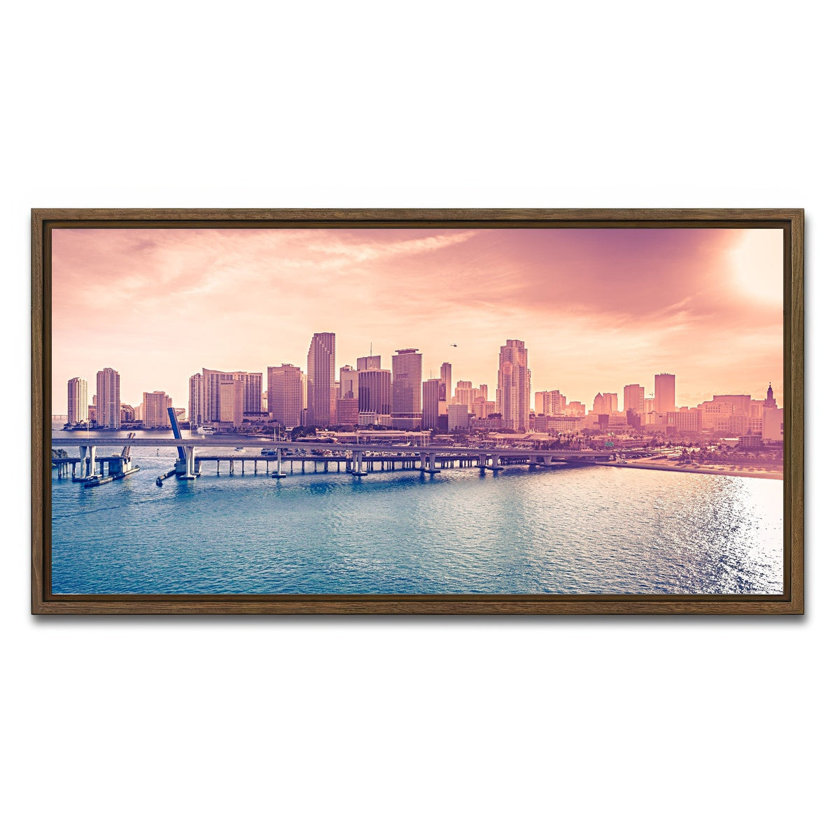 AUTO-MOCKUP WHITE | miami skyline | 1 Piece | Walnut Framed Canvas | group=2x1