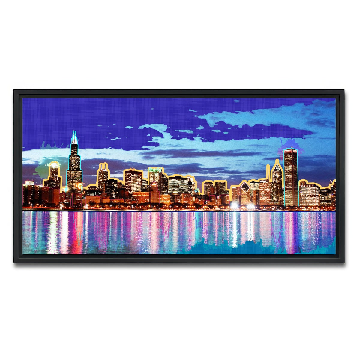 AUTO-MOCKUP WHITE | neon chicago skyline | 1 Piece | Black Framed Canvas | group=2x1