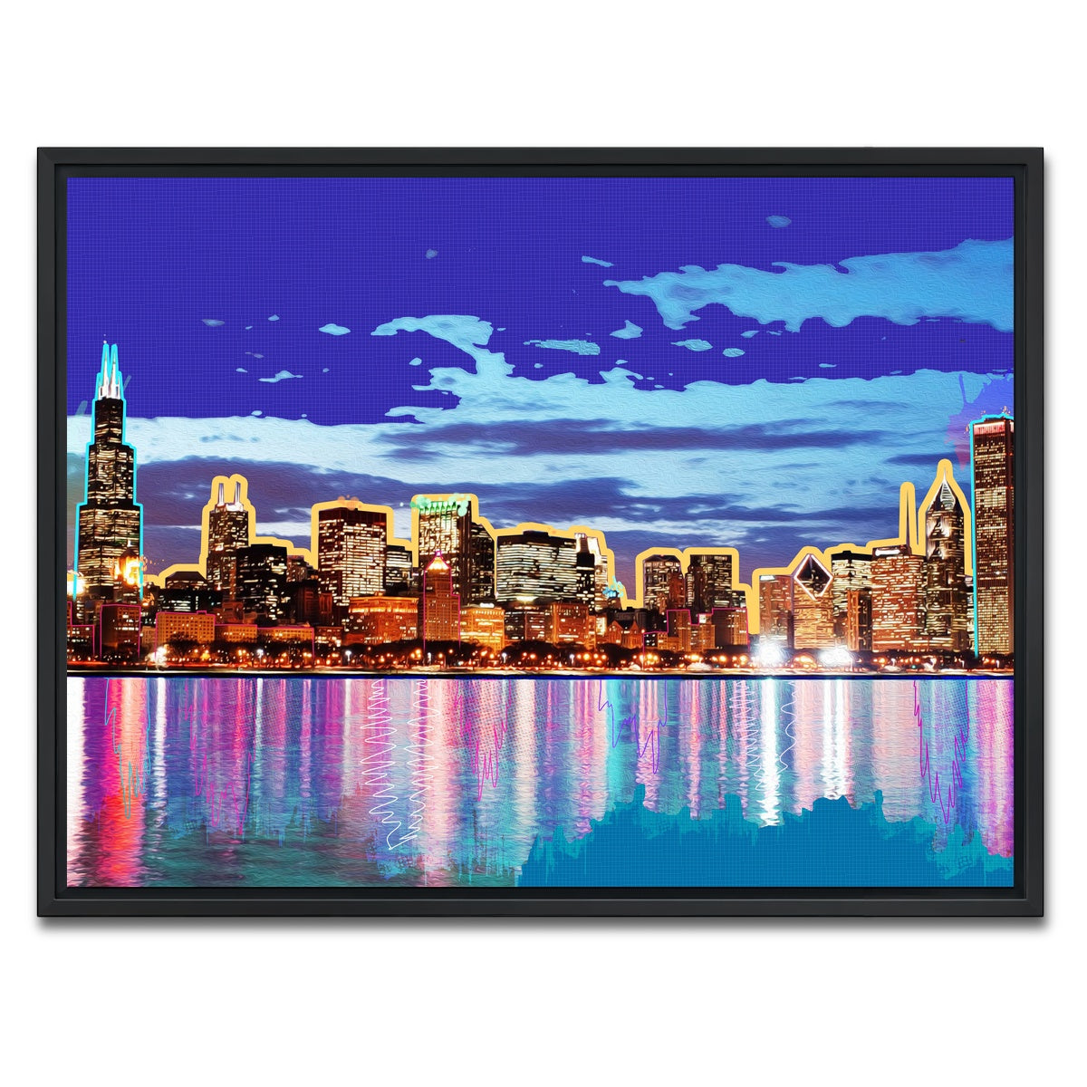 AUTO-MOCKUP WHITE | neon chicago skyline | 1 Piece | Black Framed Canvas | group=4x3