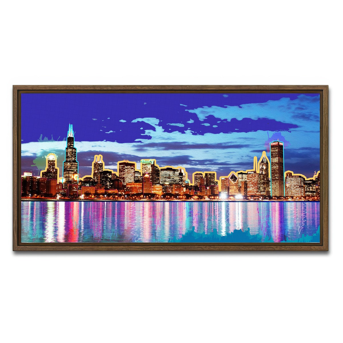 AUTO-MOCKUP WHITE | neon chicago skyline | 1 Piece | Walnut Framed Canvas | group=2x1