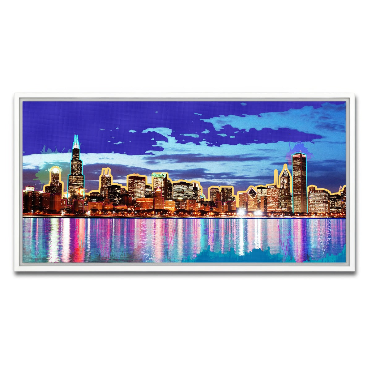 AUTO-MOCKUP WHITE | neon chicago skyline | 1 Piece | White Framed Canvas | group=2x1