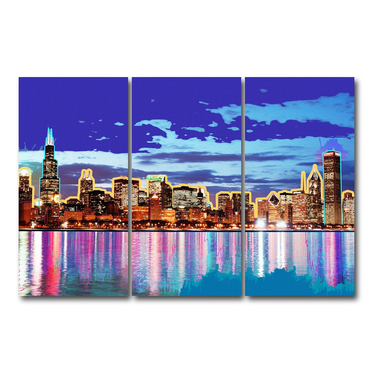 AUTO-MOCKUP WHITE | neon chicago skyline | 3 Piece | Gallery Wrap Canvas | group=12x24