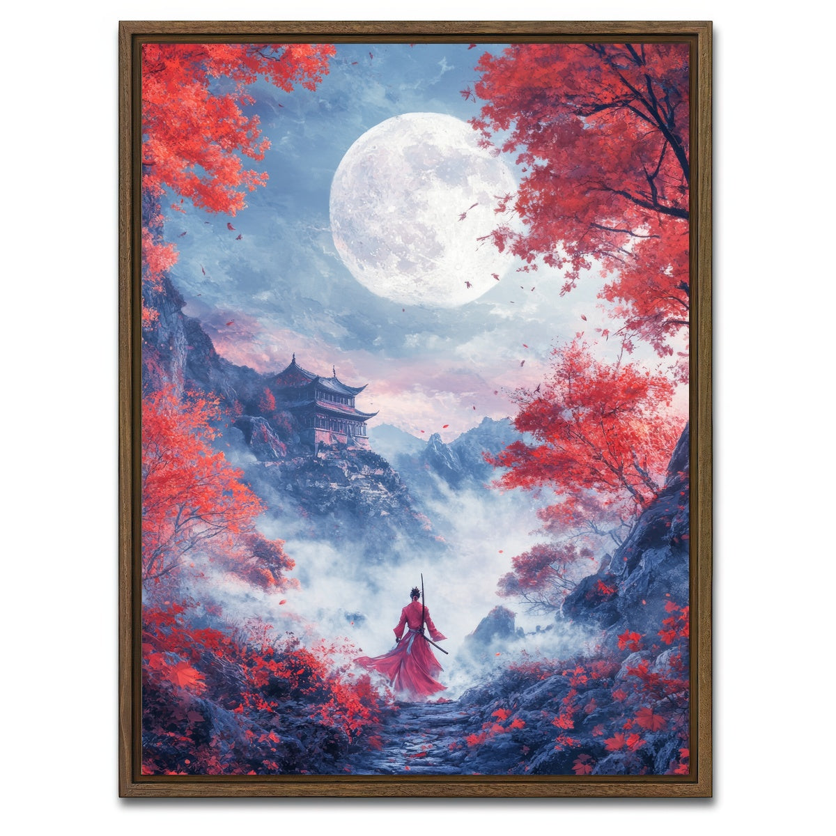 AUTO-MOCKUP WHITE | samurai warrior stands before the moon | 1 Piece | Walnut Framed Canvas | group=3x4