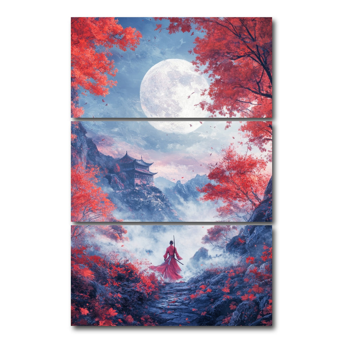 AUTO-MOCKUP WHITE | samurai warrior stands before the moon | 3 Piece | Gallery Wrap Canvas | group=12x24_stacked