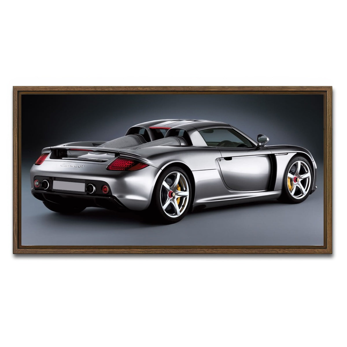 AUTO-MOCKUP WHITE | silver Porsche carrera gt | 1 Piece | Walnut Framed Canvas | group=2x1