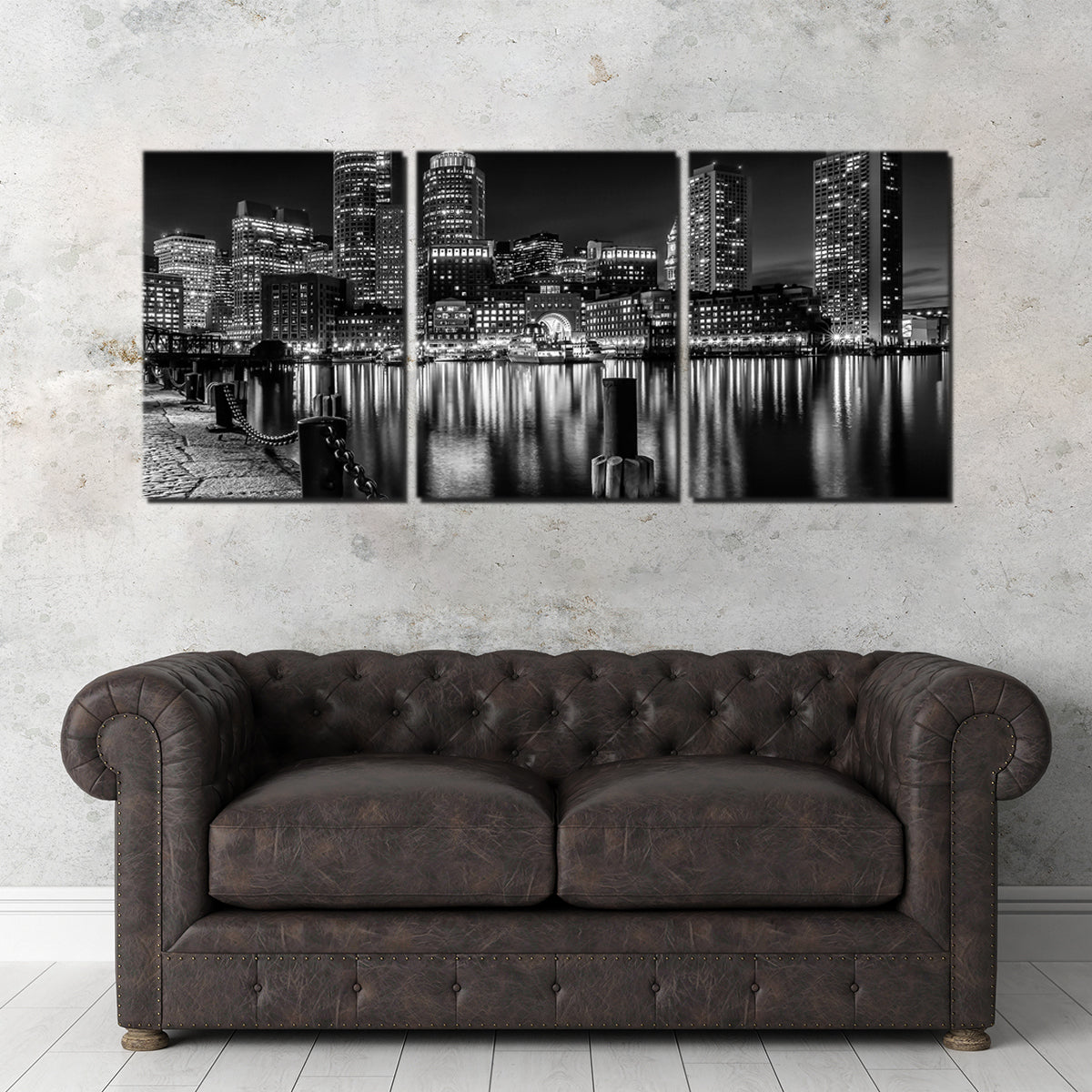 Boston Monochrome Skyline Night Wall Art