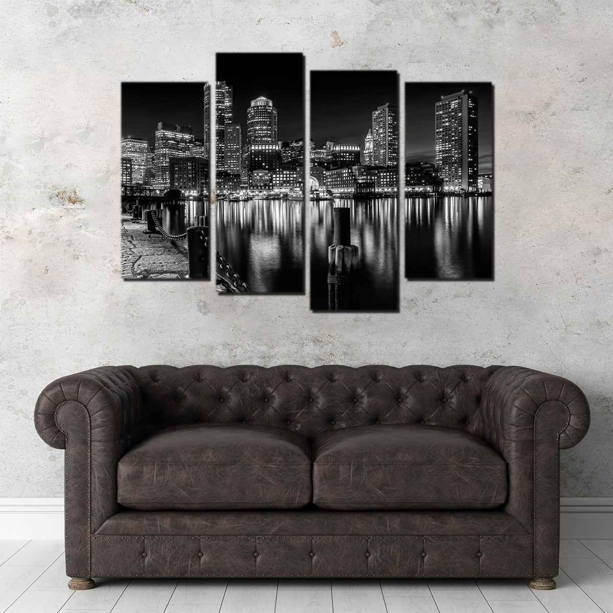 Boston Monochrome Skyline Night Wall Art