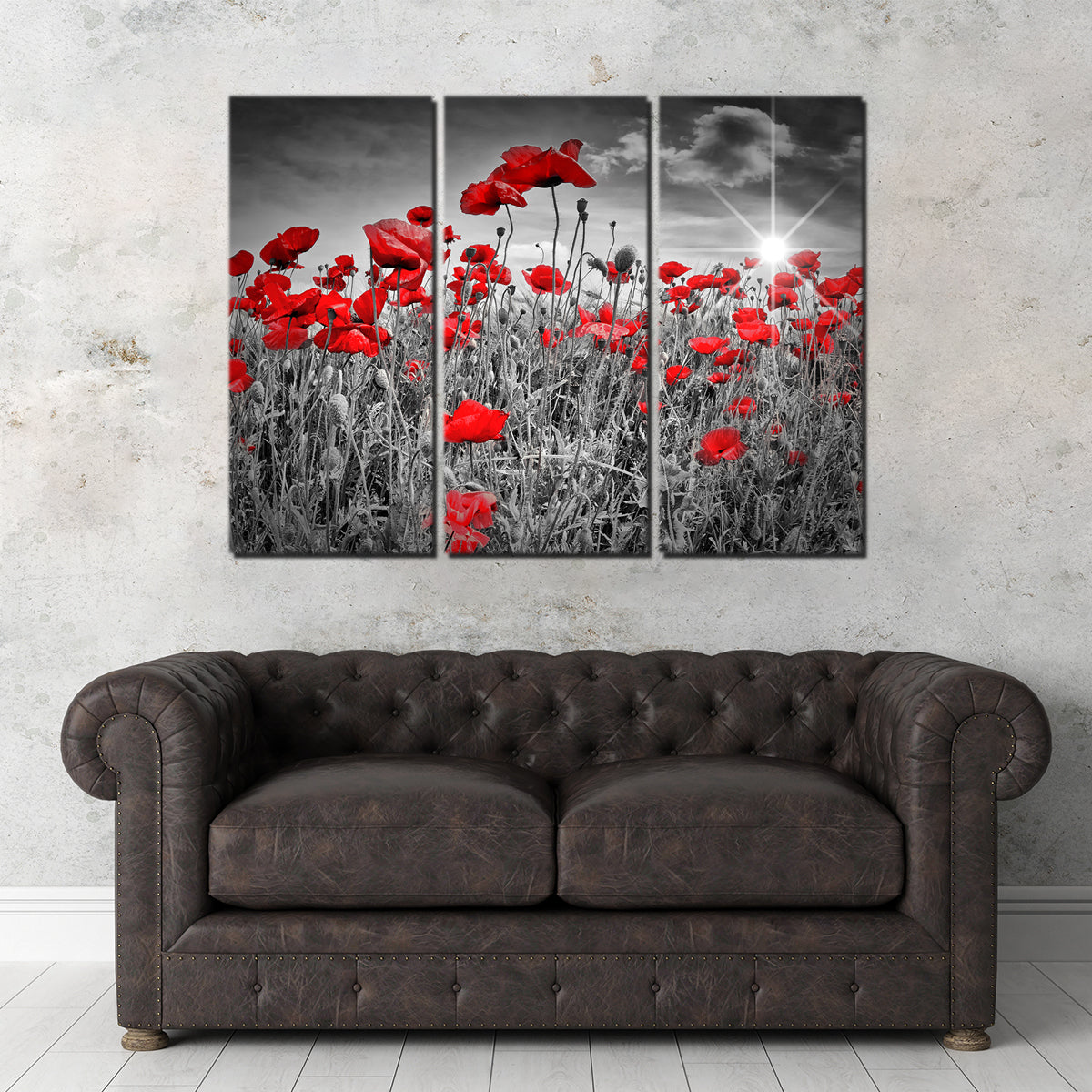 Idyllic Field of Poppies with Sun Wall Art