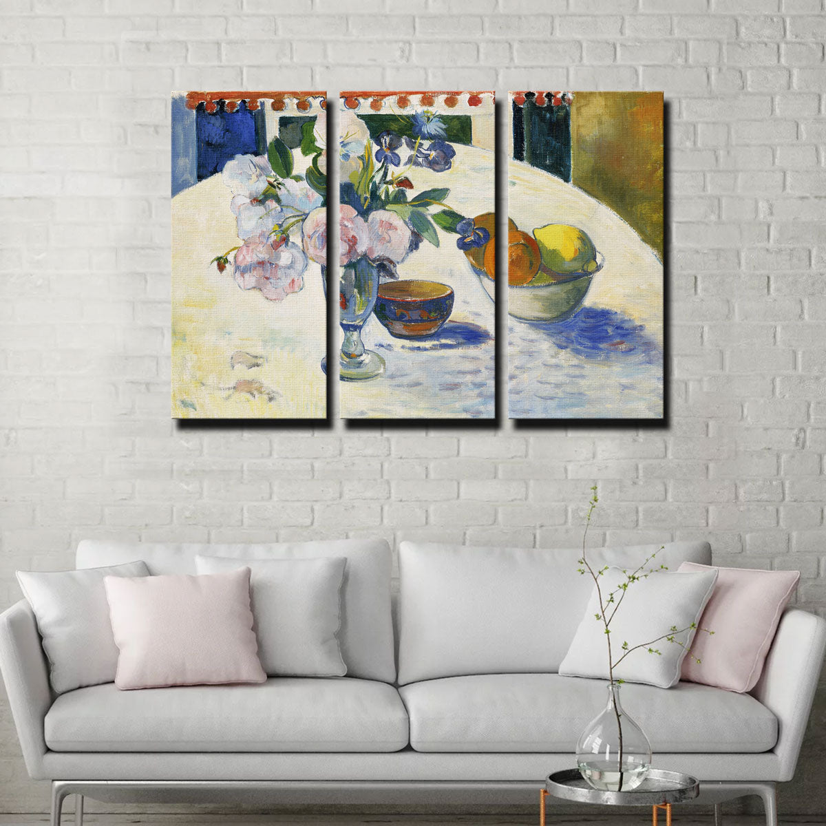 Flowers and a Bowl of Fruit on a Table Wall Art
