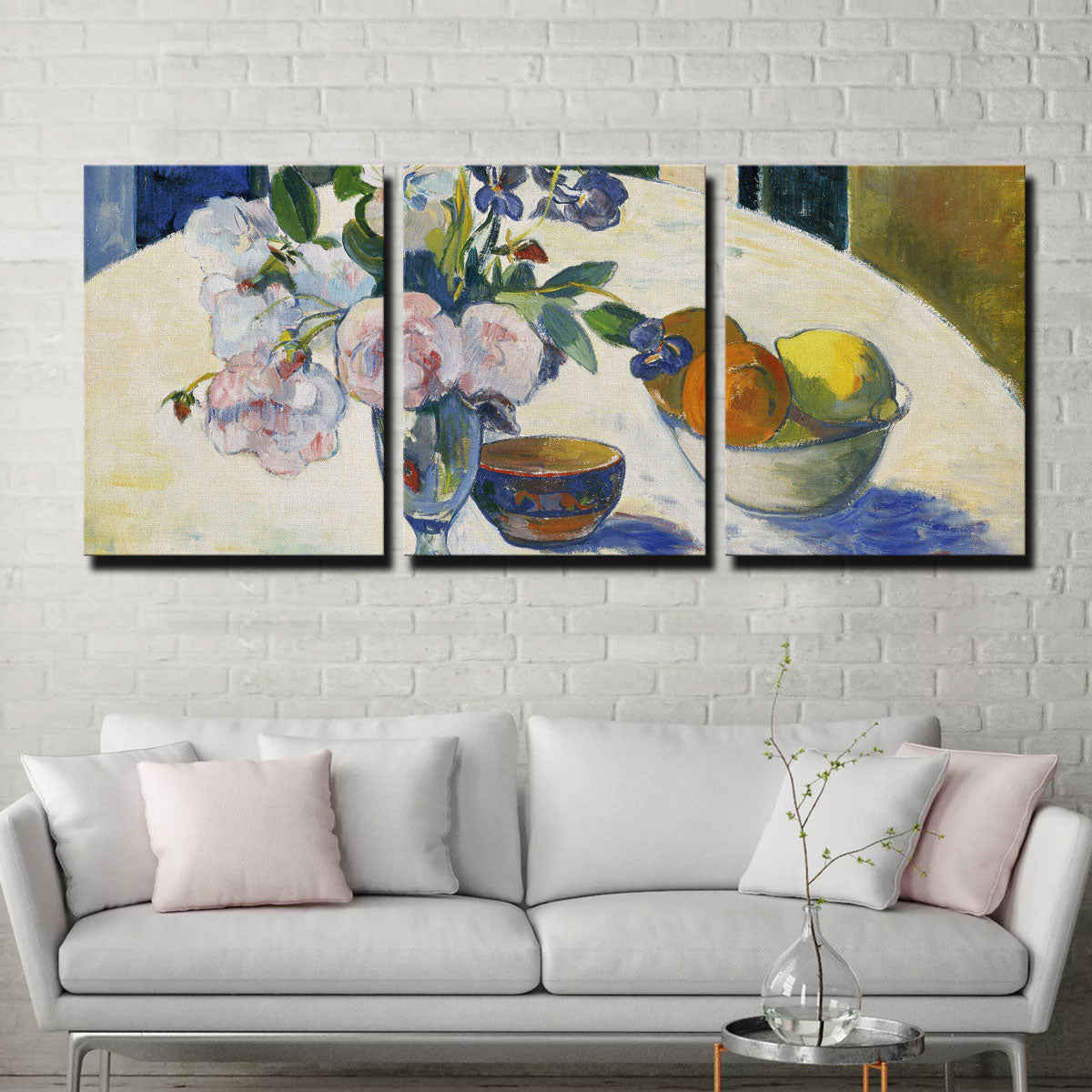 Flowers and a Bowl of Fruit on a Table Wall Art
