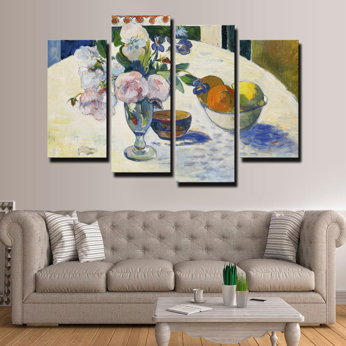Flowers and a Bowl of Fruit on a Table Wall Art