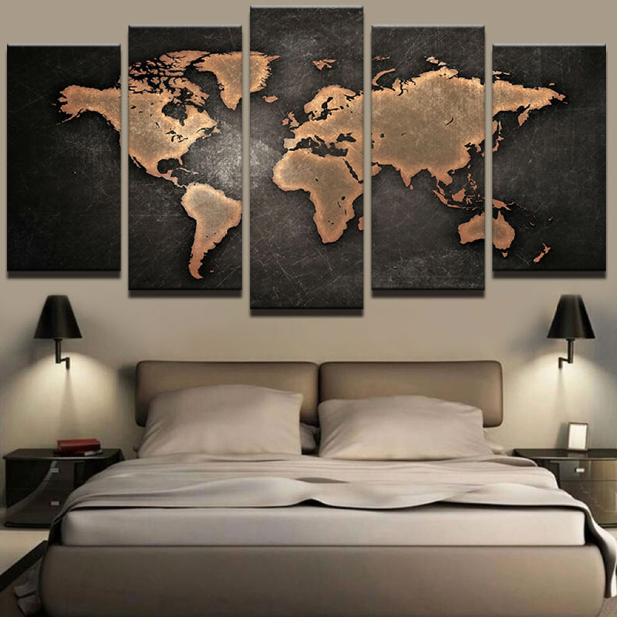 Flat World Canvas Wall Art, Gold Map of Continents 5 Piece Canvas Prin –  Swallart