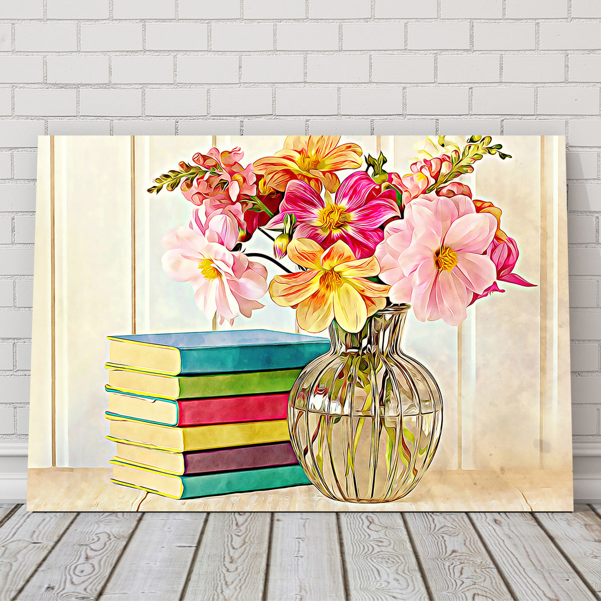 Dahlias and Colorful Books Wall Art