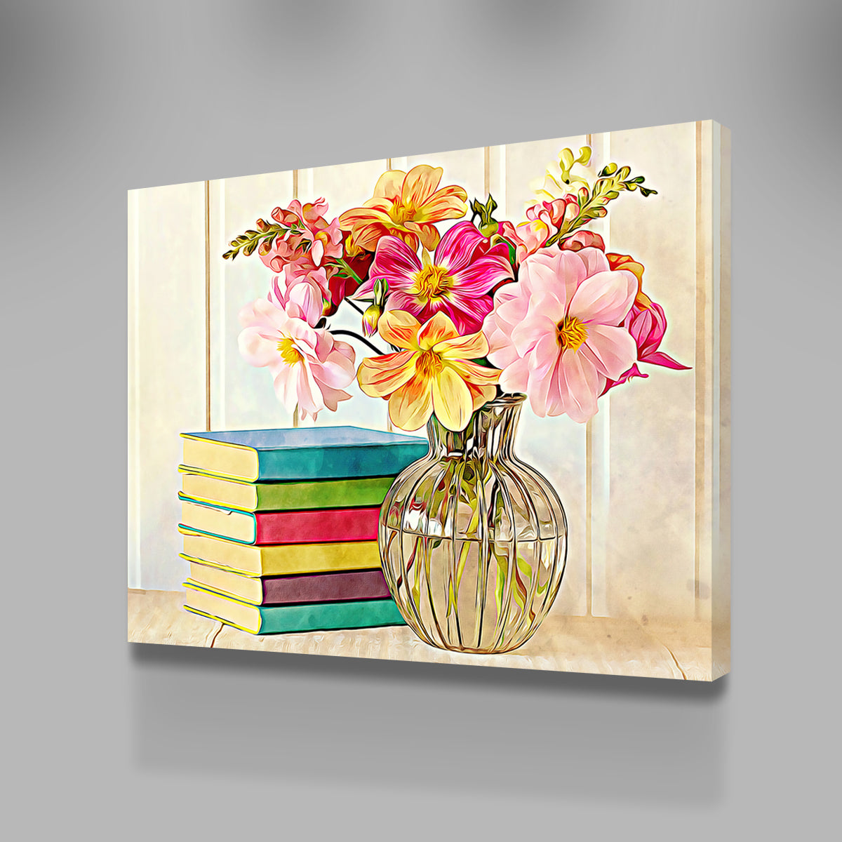 Dahlias and Colorful Books Wall Art