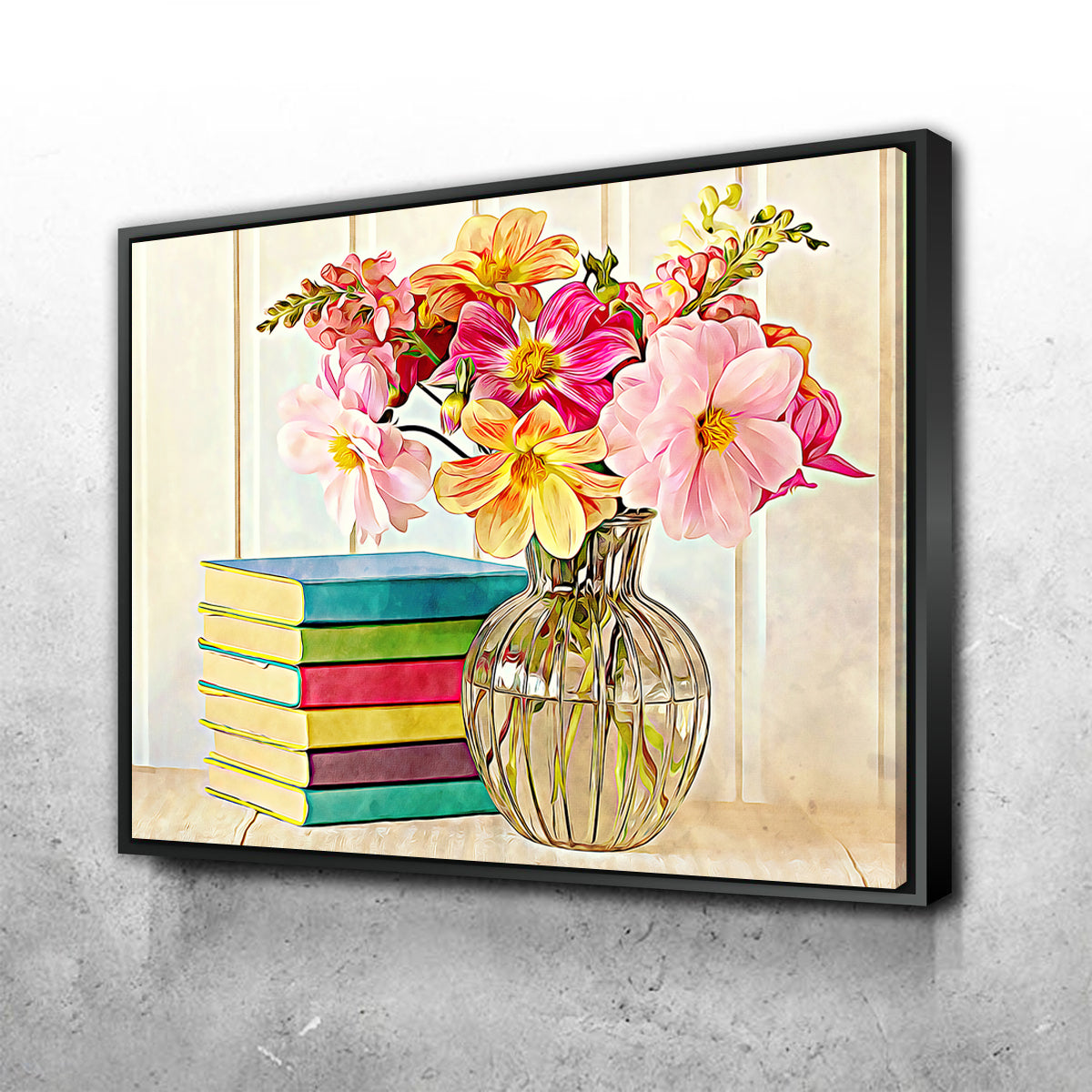 Dahlias and Colorful Books Wall Art