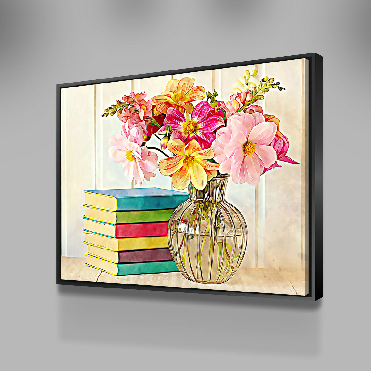 Dahlias and Colorful Books Wall Art