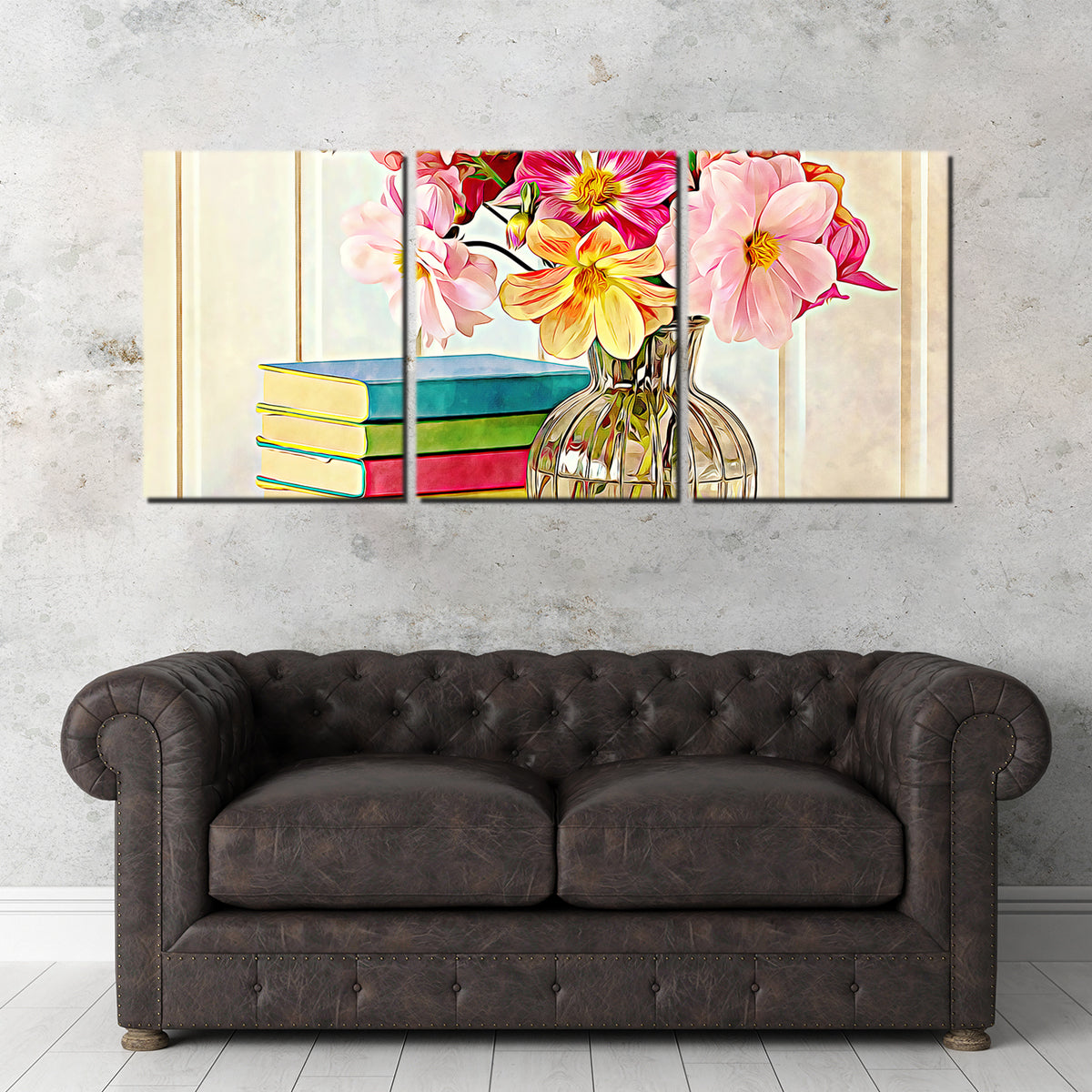 Dahlias and Colorful Books Wall Art