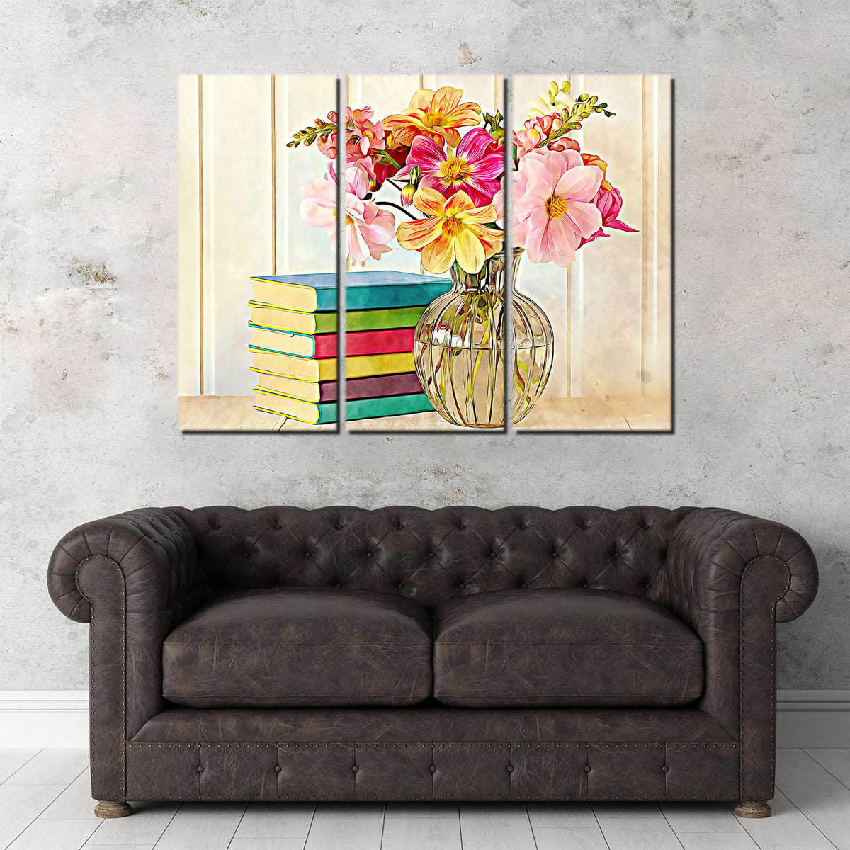 Dahlias and Colorful Books Wall Art