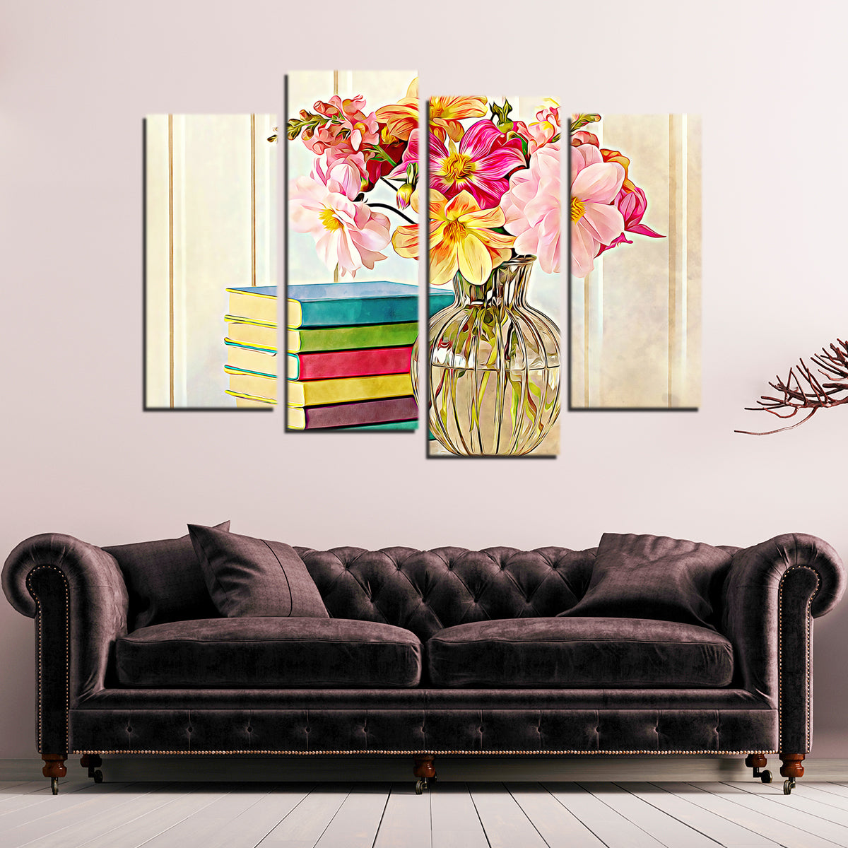 Dahlias and Colorful Books Wall Art