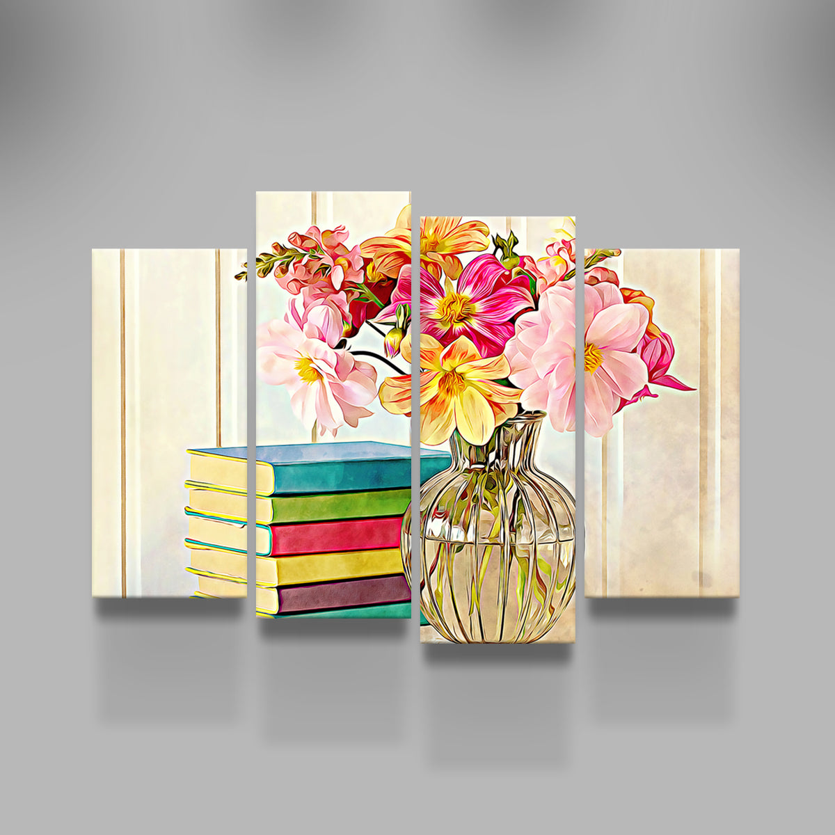 Dahlias and Colorful Books Wall Art