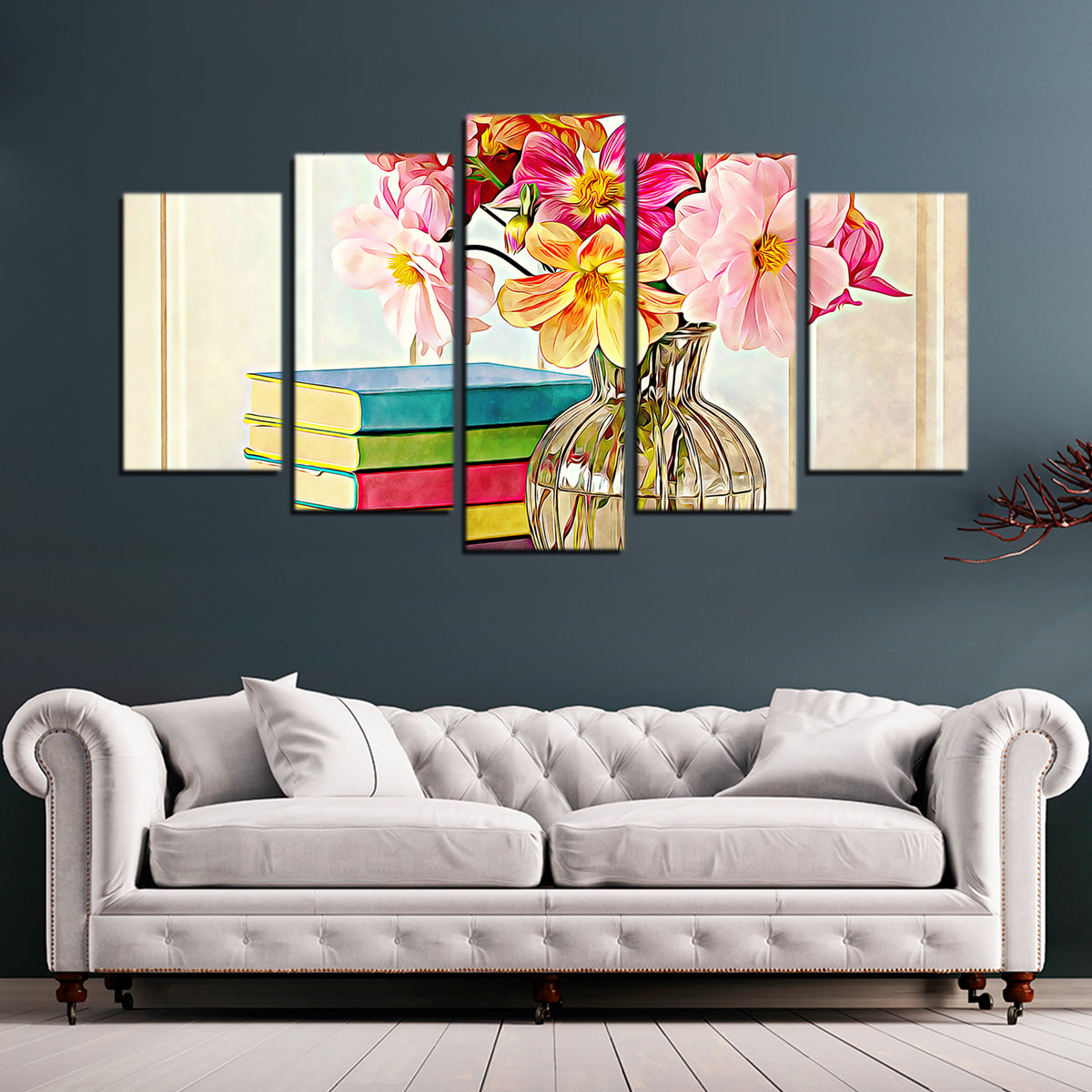Dahlias and Colorful Books Wall Art