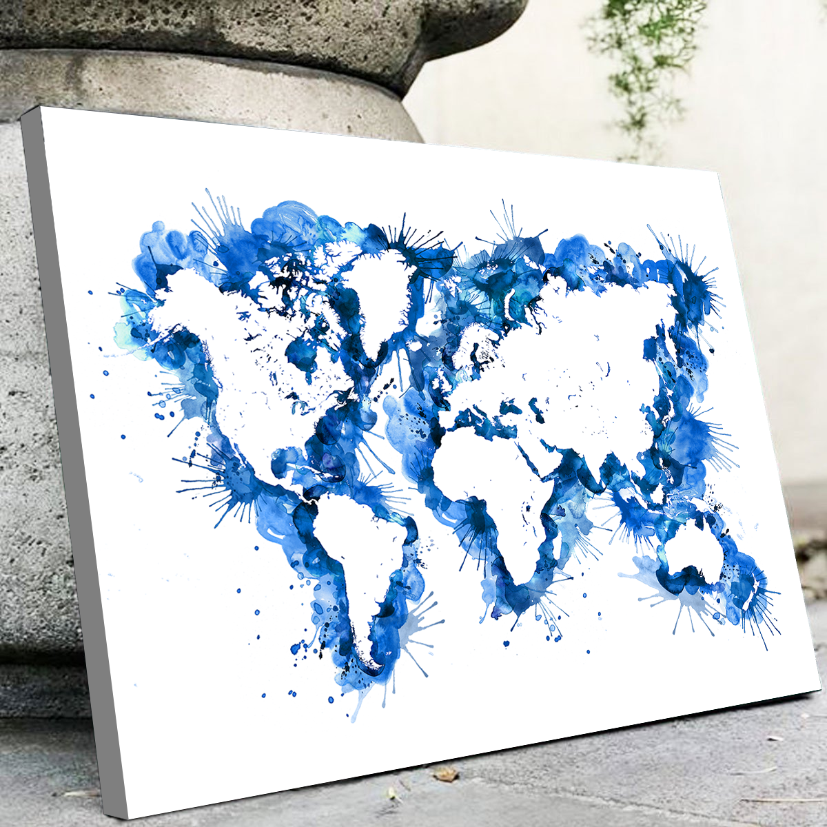 Blue Splatter World Map Wall Art