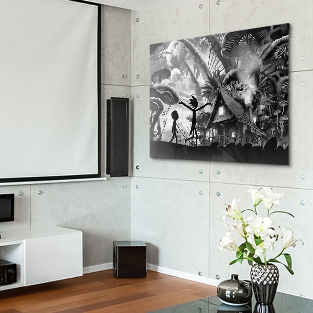 Mushroom World Rick and Morty Grayscale Wall Art