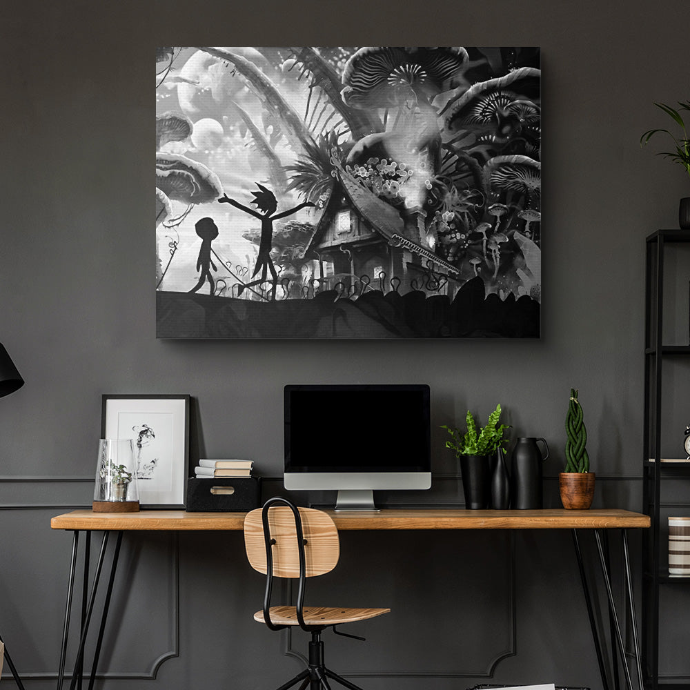 Mushroom World Rick and Morty Grayscale Wall Art