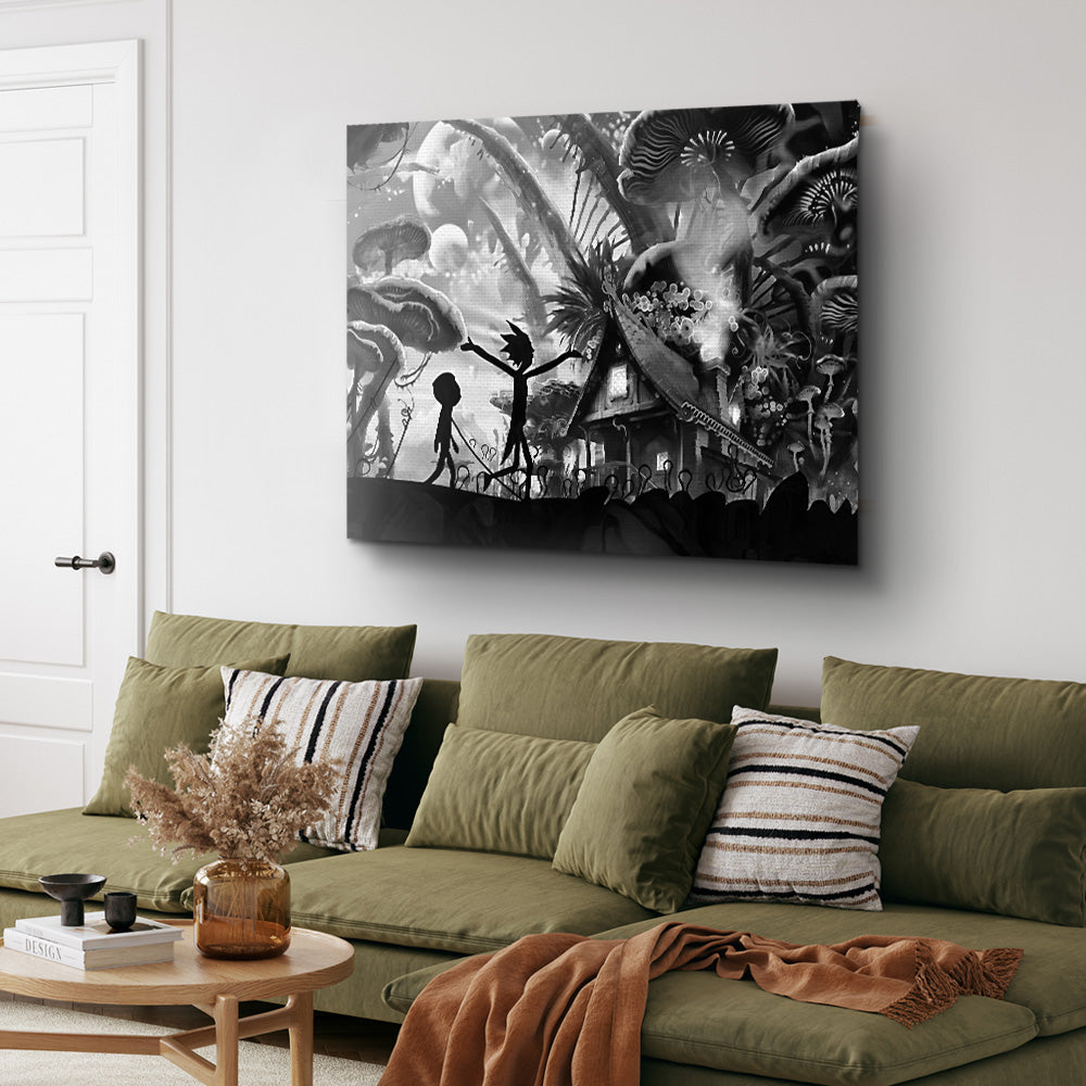 Mushroom World Rick and Morty Grayscale Wall Art