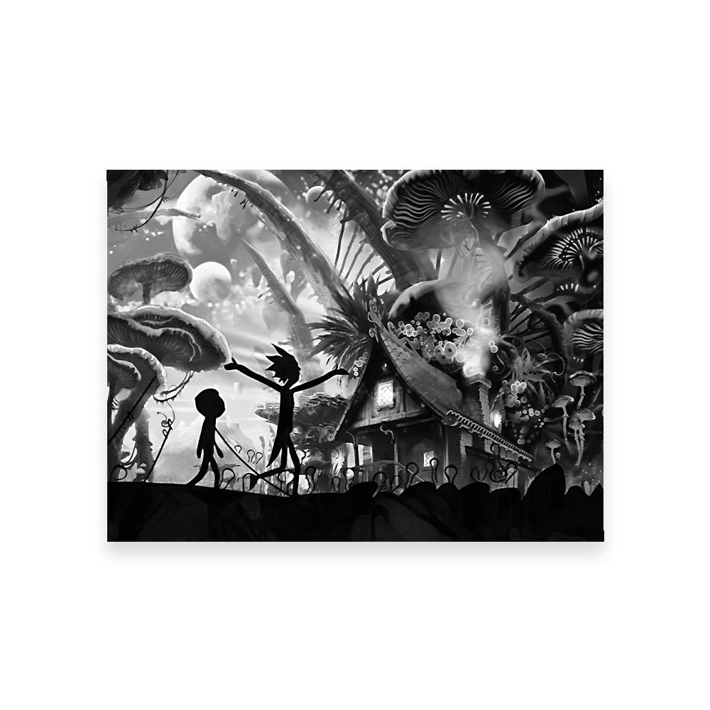 Mushroom World Rick and Morty Grayscale Wall Art