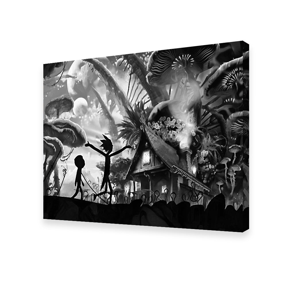 Mushroom World Rick and Morty Grayscale Wall Art