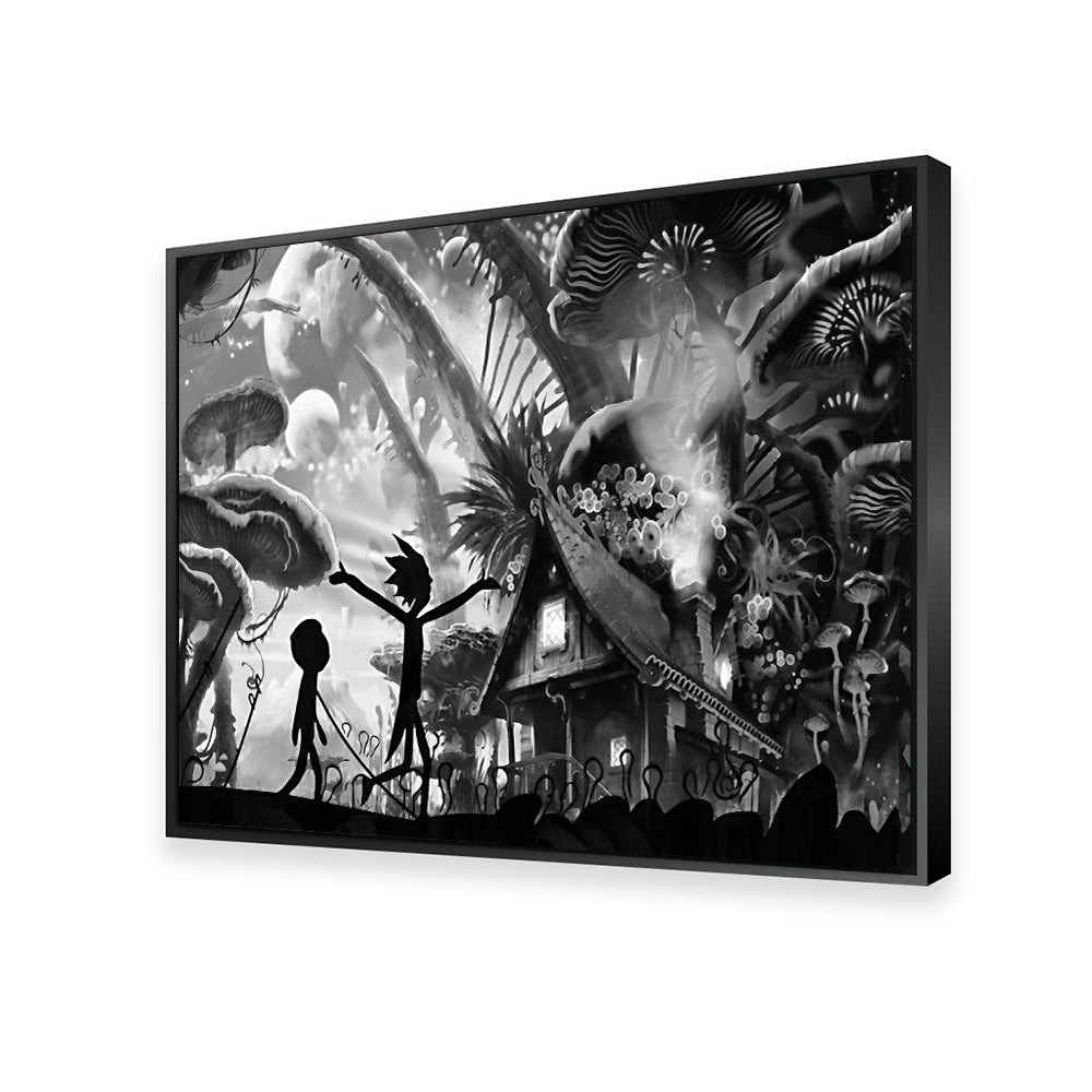 Mushroom World Rick and Morty Grayscale Wall Art