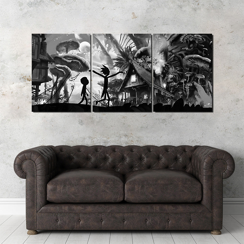 Mushroom World Rick and Morty Grayscale Wall Art