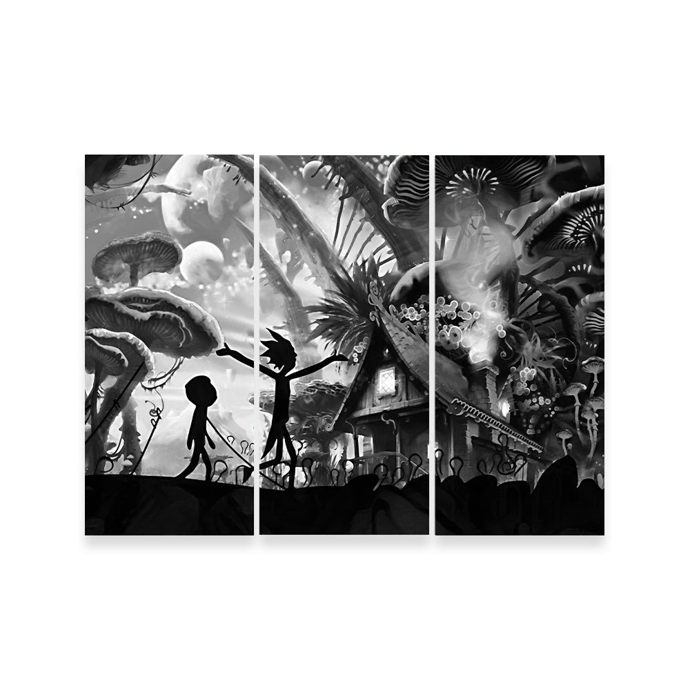 Mushroom World Rick and Morty Grayscale Wall Art