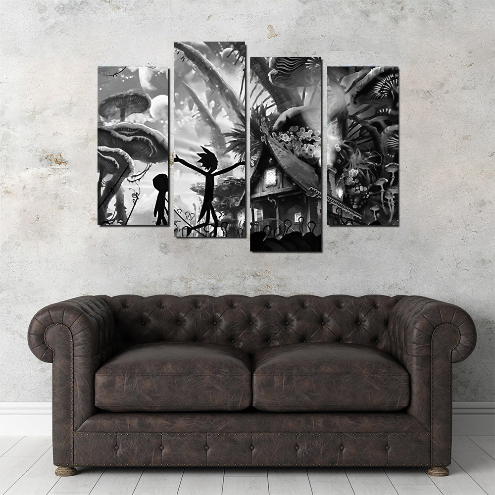 Mushroom World Rick and Morty Grayscale Wall Art