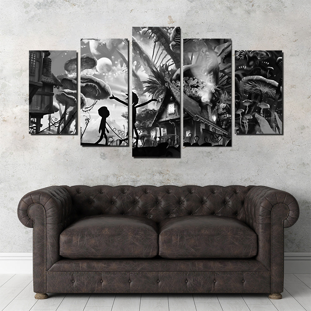 Mushroom World Rick and Morty Grayscale Wall Art