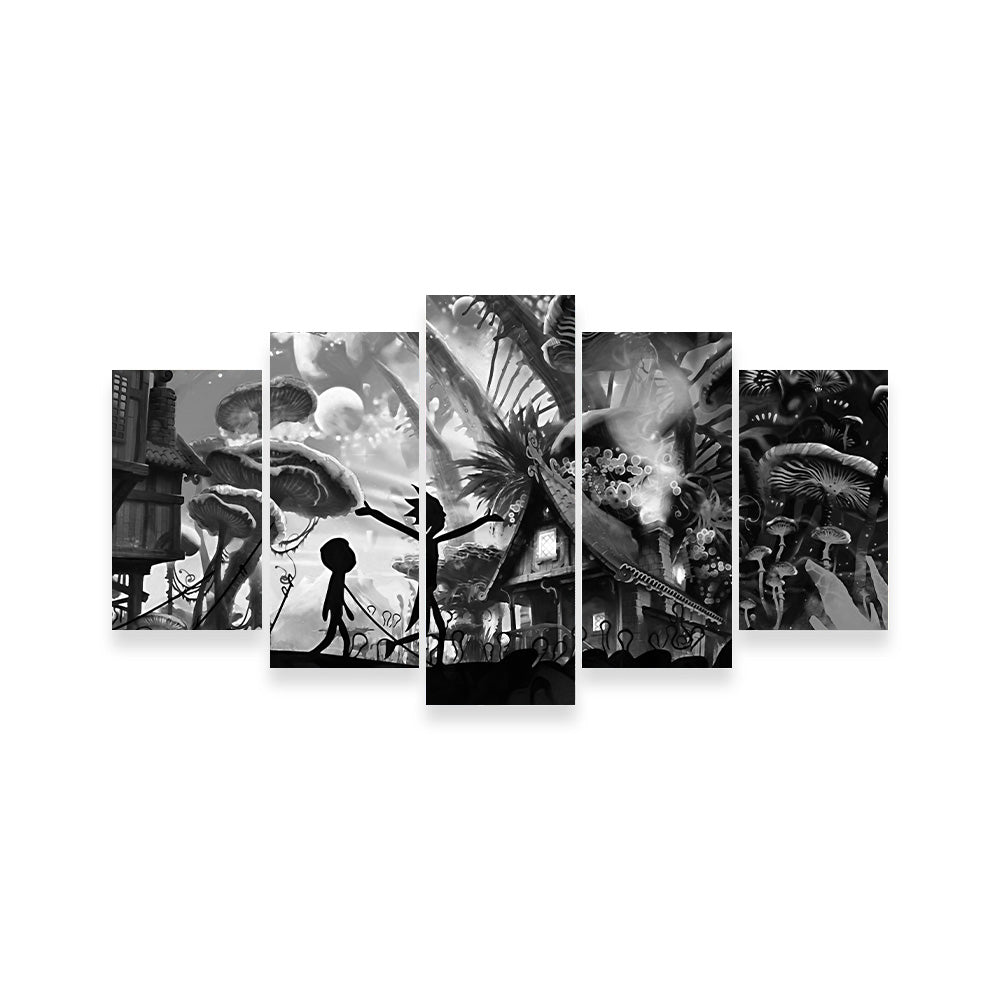 Mushroom World Rick and Morty Grayscale Wall Art