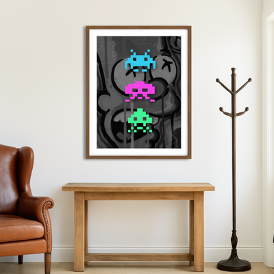 AUTO-MOCKUP ROOM | 3 Space Invaders Graffiti Wall Art