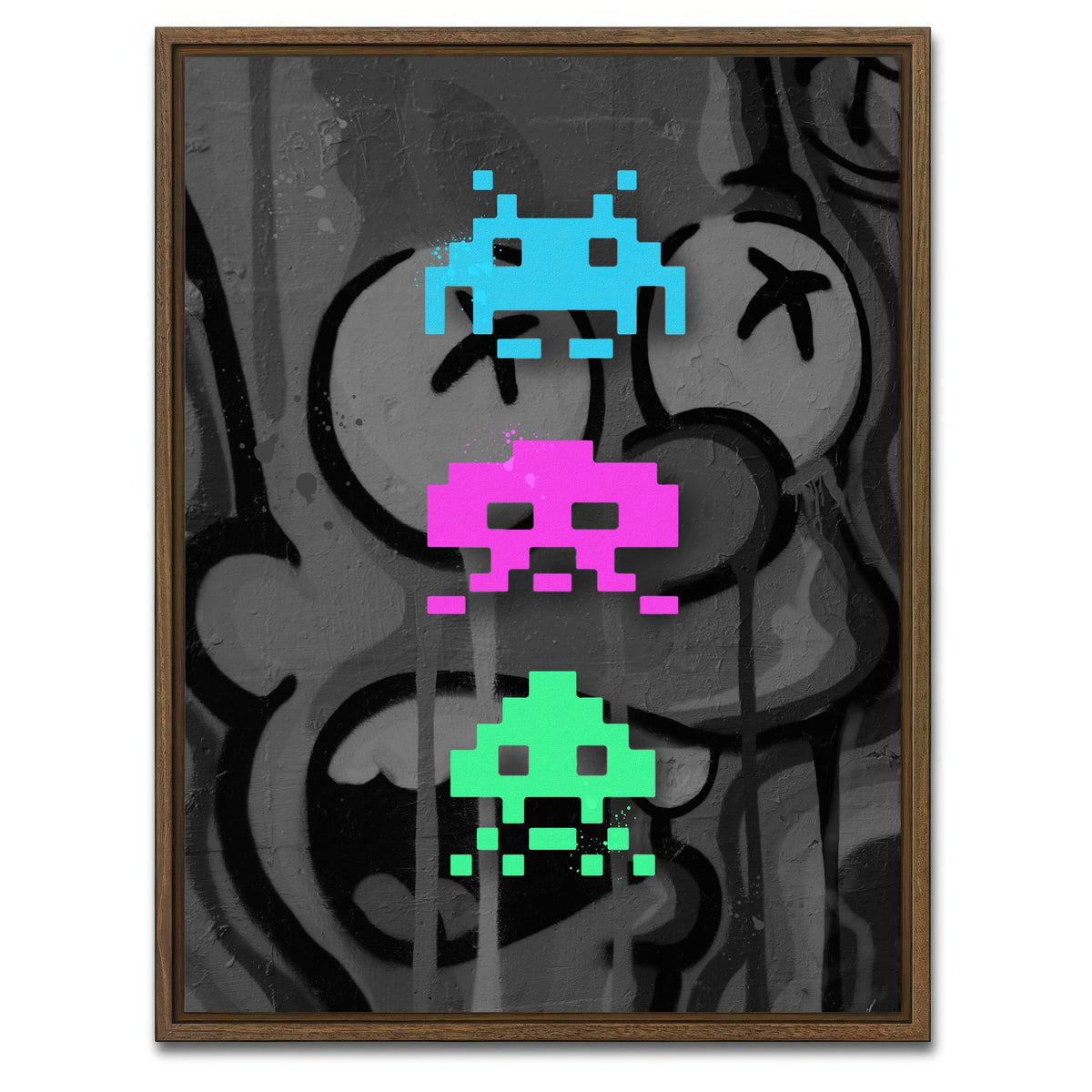 AUTO-MOCKUP WHITE | 3 space invaders graffiti | 1 Piece | Walnut Framed Canvas | group=3x4