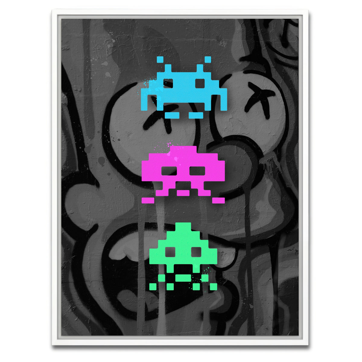 AUTO-MOCKUP WHITE | 3 space invaders graffiti | 1 Piece | White Framed Canvas | group=3x4