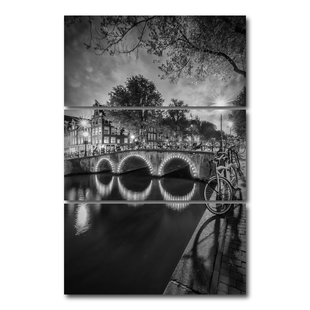 AUTO-MOCKUP WHITE | AMSTERDAM nightscape from Keizersgracht | 3 Piece | Gallery Wrap Canvas | group=12x24_stacked