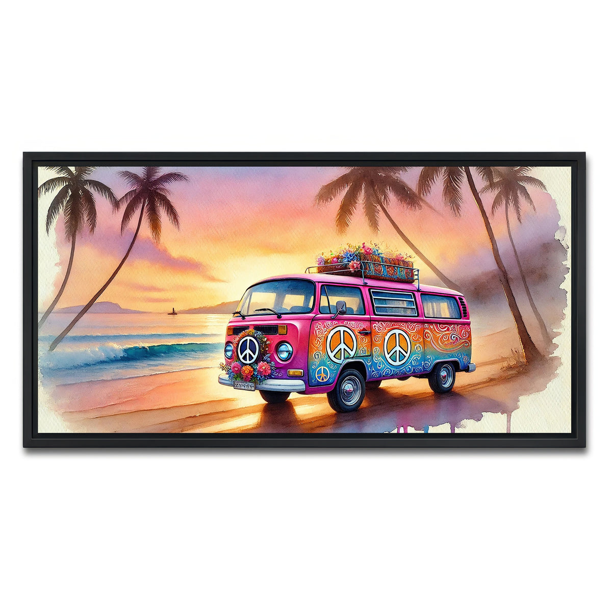 AUTO-MOCKUP WHITE | A Hippie Van on a Beach | 1 Piece | Black Framed Canvas | group=2x1