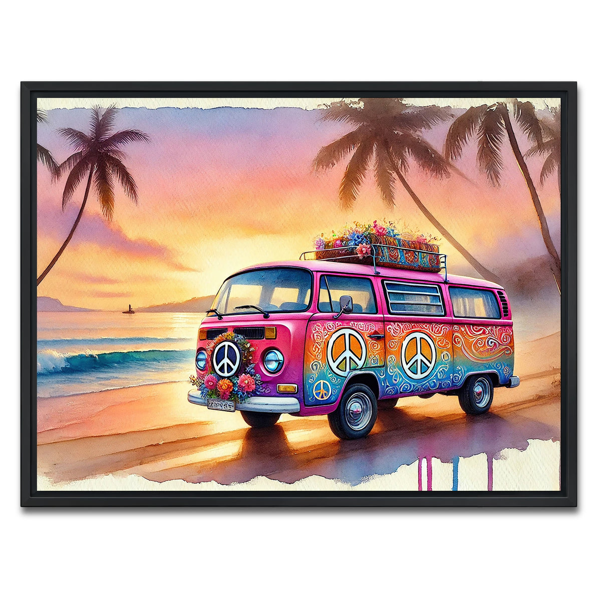 AUTO-MOCKUP WHITE | A Hippie Van on a Beach | 1 Piece | Black Framed Canvas | group=4x3