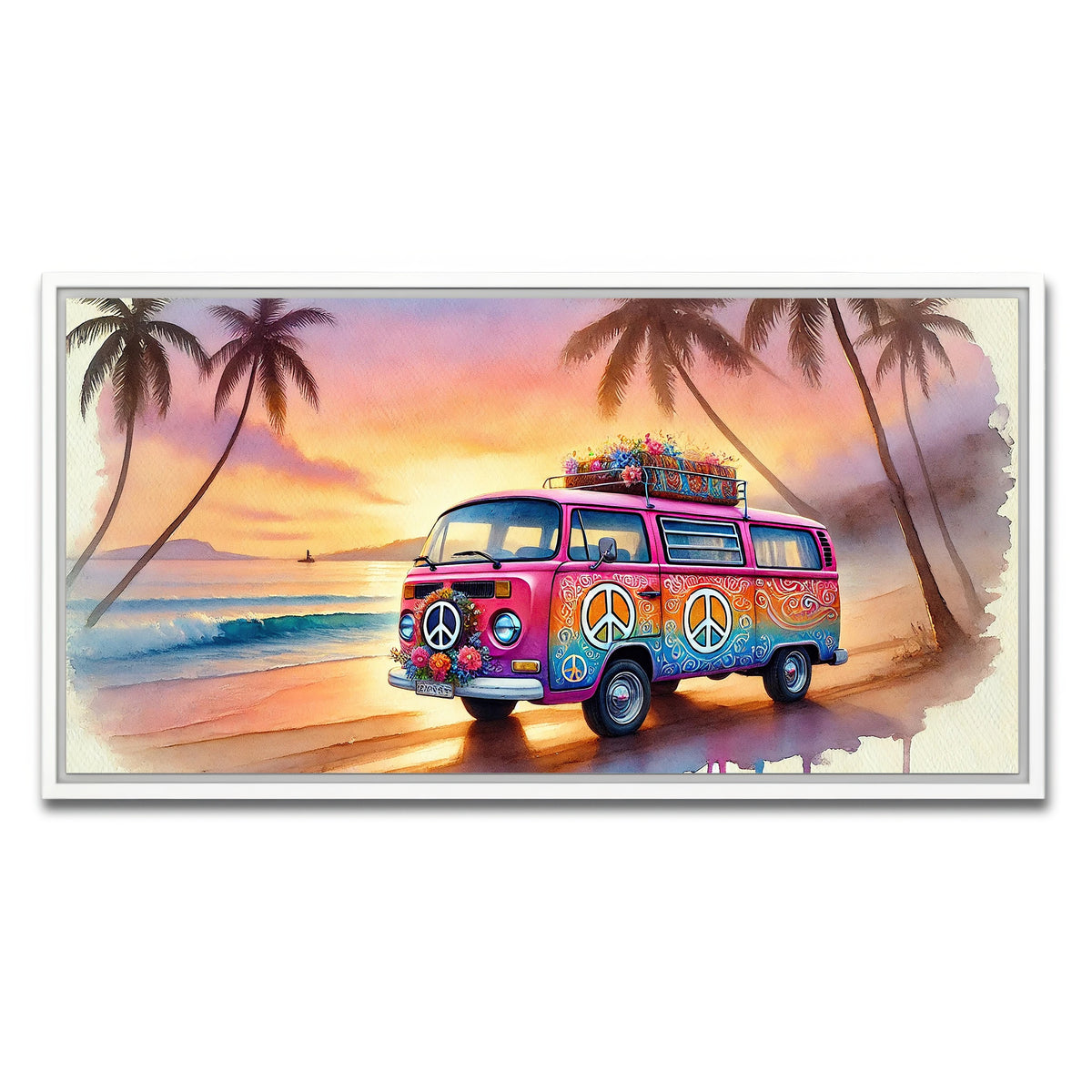 AUTO-MOCKUP WHITE | A Hippie Van on a Beach | 1 Piece | White Framed Canvas | group=2x1